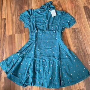 NWT Women's Free People Abbie Fit & Flare Dress Mini Size 8 Green Polka Dot